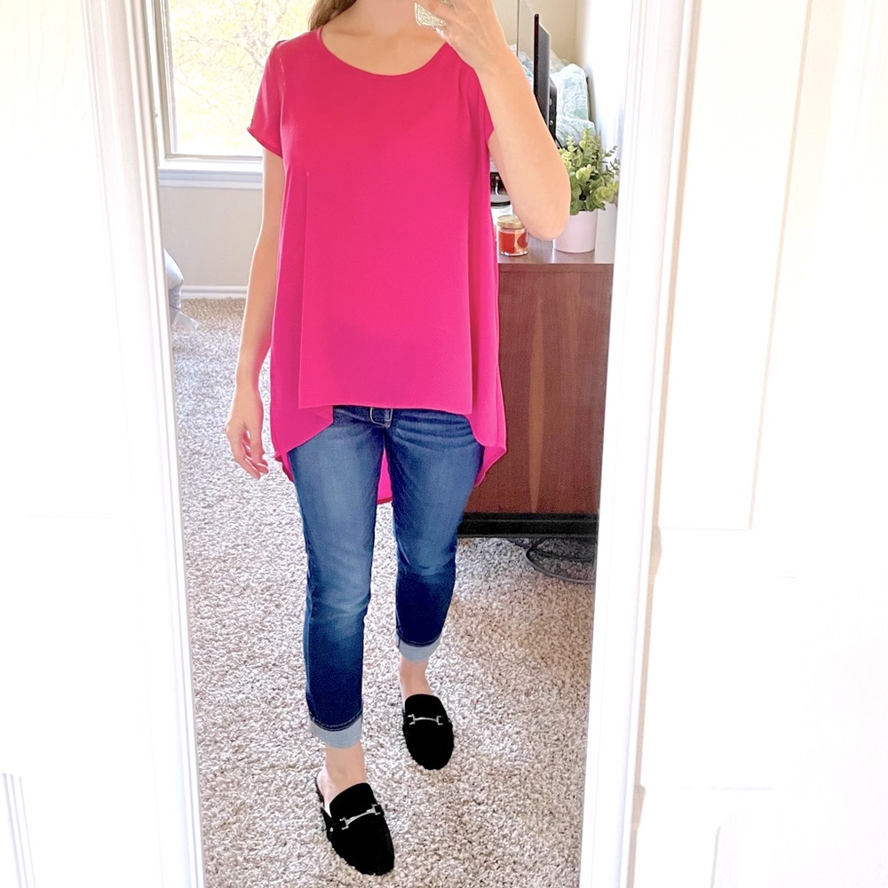 Decree High Low Pleats Sheath Fuchsia Pink Blouse